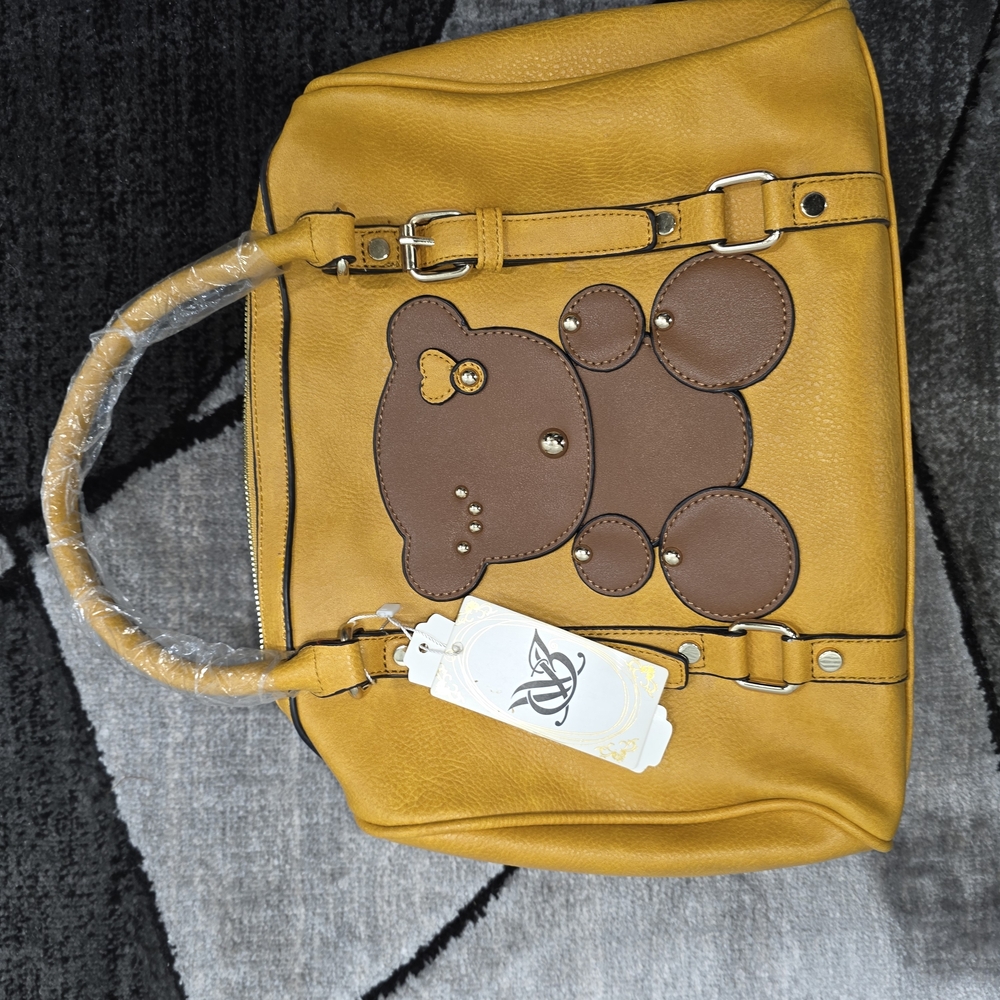 Yellow and Brown Women's Bag with Bear Design